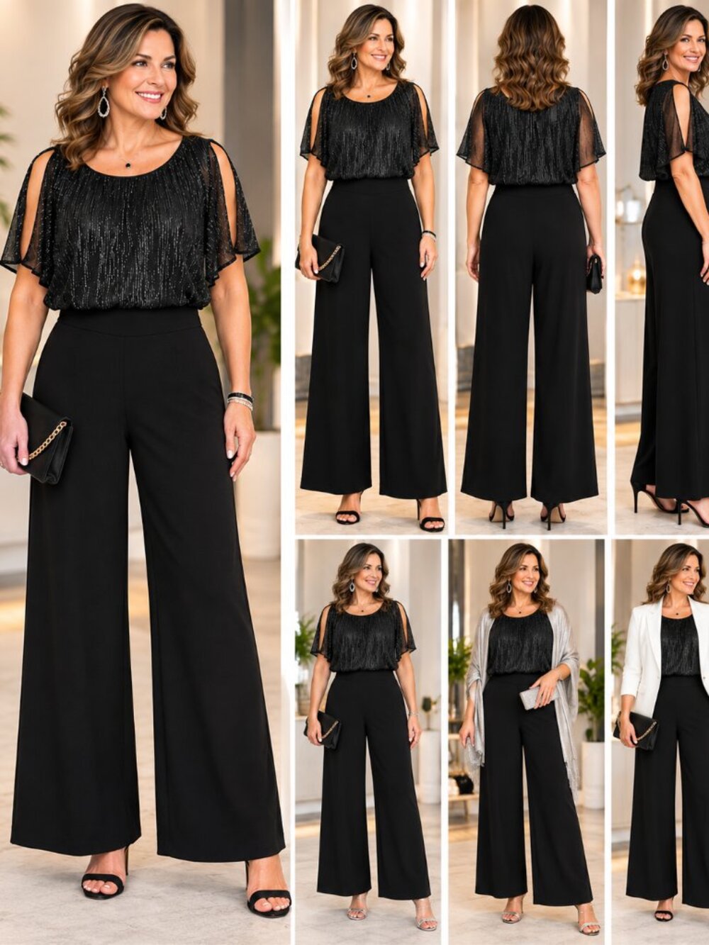 NWOT Black Metallic Wide Leg Jumpsuit Size 14 | Cold Shoulder | Shimmer Evening